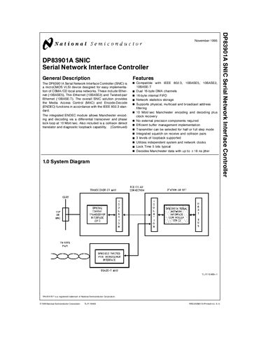 National Semiconductor DP83901A SNIC Serial Network Interface Controller Datasheet - cover page