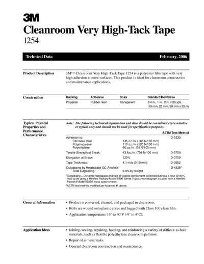 3M 1254 Cleanroom Very High-Tack Tape Product Data Sheet - cover page