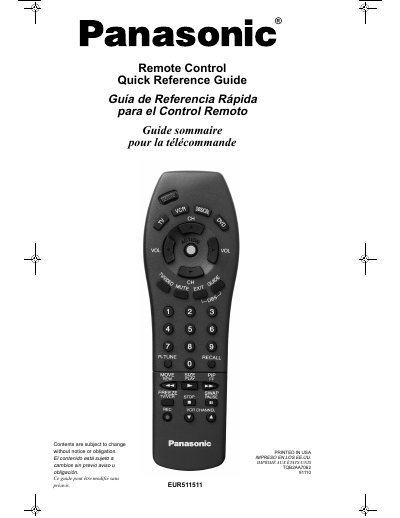 Panasonic EUR511511 Remote Control Quick Reference Guide - cover page