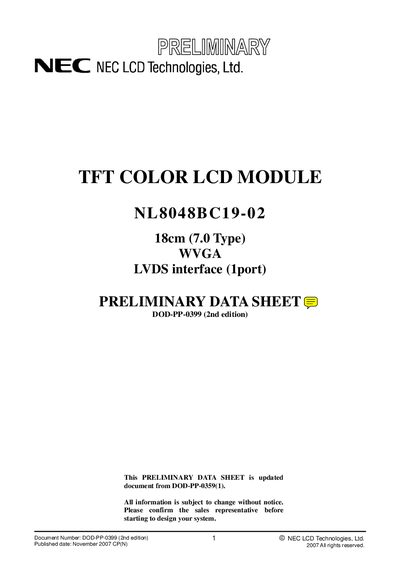 NEC NL8048BC19-02 TFT Color LCD Module Data Sheet - cover page