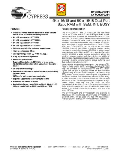 Cypress CY7C024/0241 and CY7C025/0251 Dual-Port Static RAM Datasheet - cover page