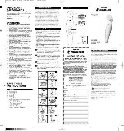 Philips Visapure HP5250 Cordless Facial Cleanser User Guide - cover page