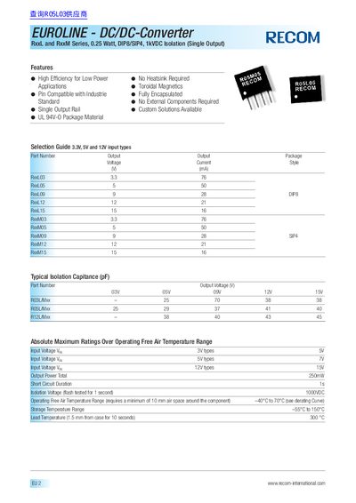 RECOM EUROLINE DC/DC Converter Manual - cover page