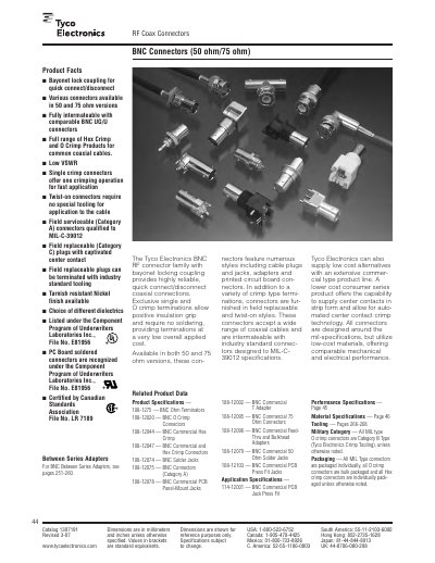 Tyco Electronics BNC Connectors 50 Ohm/75 Ohm Data Sheet - cover page