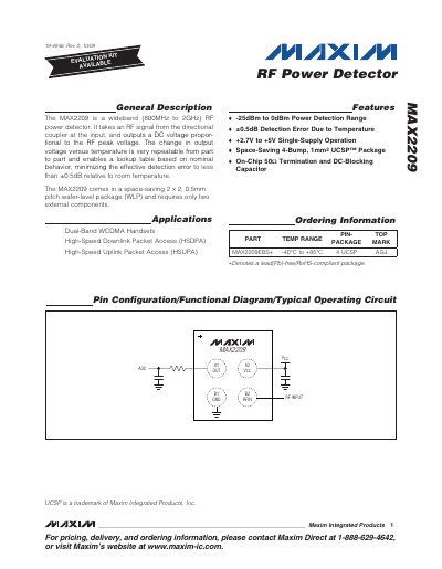 Maxim MAX2209 RF Power Detector Datasheet - cover page