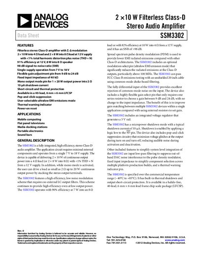 Analog Devices SSM3302 Stereo Audio Amplifier Datasheet - cover page