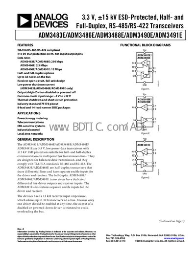 Analog Devices ADM3483E/ADM3486E/ADM3488E/ADM3490E/ADM3491E RS-485/RS-422 Transceiver Datasheet - cover page