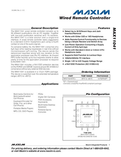 Maxim Integrated MAX11041 Wired Remote Controller Datasheet - cover page