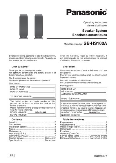 Panasonic SBHS100A-MUL Manual - cover page