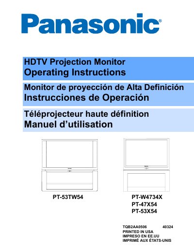 Panasonic PT-53TW54/PT-W4734X/PT-47X54/PT-53X54 HDTV Projection Monitor Operating Instructions - cover page