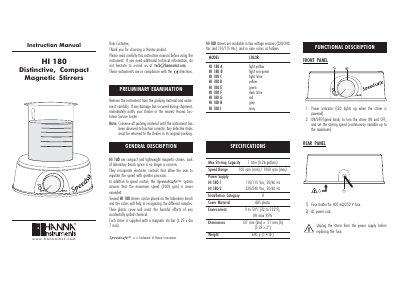 Hanna Instruments HI 180 Distinctive Compact Magnetic Stirrers Instruction Manual - cover page