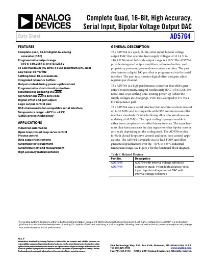 Analog Devices AD5764 16‑Bit Quad DAC Datasheet - cover page