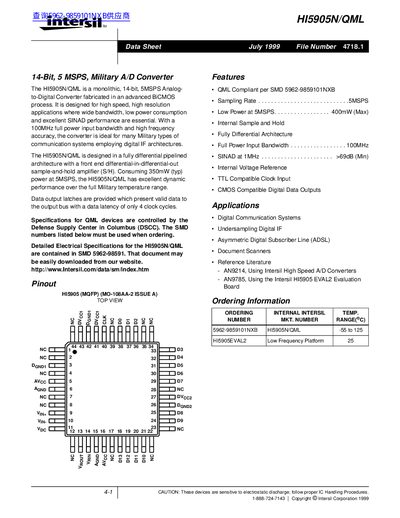 Intersil HI5905N/QML 14-Bit A/D Converter Data Sheet - cover page