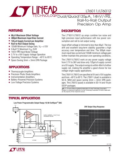 Linear Technology LT6011/LT6012 Precision Op Amp Datasheet - cover page