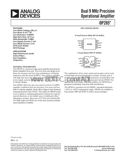 Analog Devices OP285 Operational Amplifier Datasheet - cover page