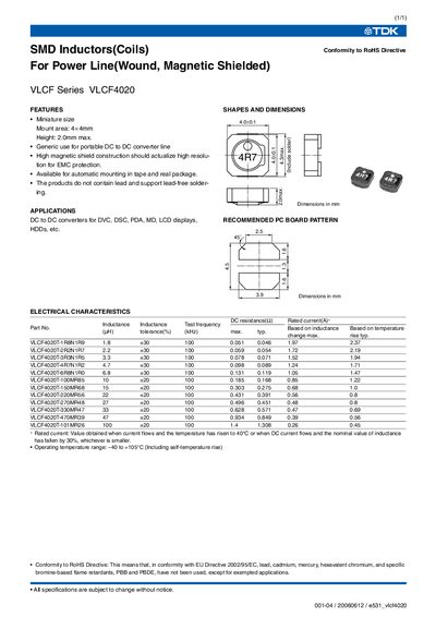 TDK VLCF4020 SMD Inductor Datasheet - cover page