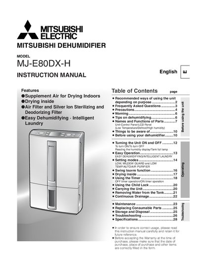 Mitsubishi Electric MJ-E80DX-H Dehumidifier User Manual - cover page
