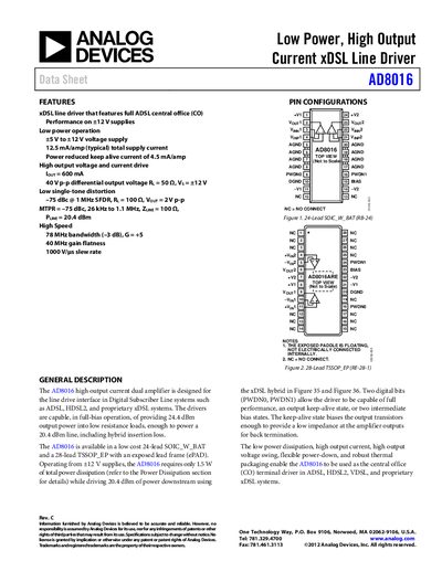 Analog Devices AD8016 Product Handbook Rev C - cover page