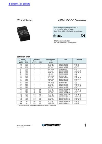 Power-One IMX 4 Series 4 Watt DC-DC Converters Datasheet - cover page