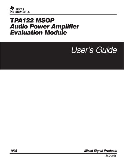Texas Instruments TPA122 MSOP Audio Amplifier Evaluation Module User Manual - cover page