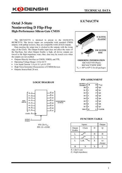 Kodenshi KK74AC574 Octal 3-State Noninverting D Flip-Flop Datasheet - cover page