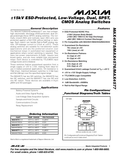 Maxim MAX4575/MAX4576/MAX4577 Dual SPST Analog Switches Datasheet - cover page
