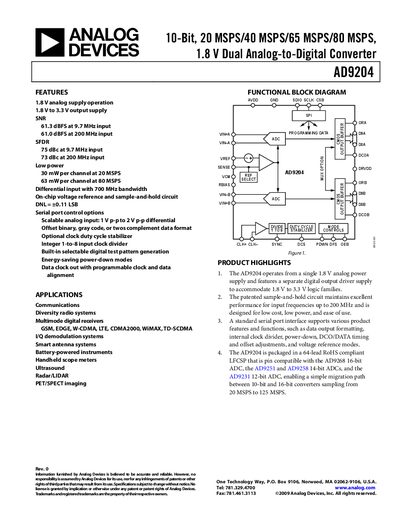 Analog Devices AD9204 Dual Analog-to-Digital Converter Datasheet - cover page