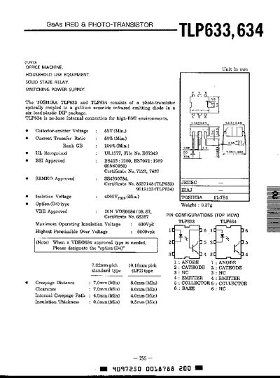 Toshiba TLP633/TLP634 Solid State Relay Datasheet - cover page