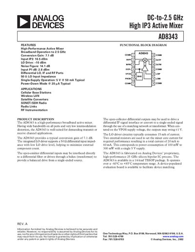 Analog Devices AD8343 Active Mixer Datasheet - cover page