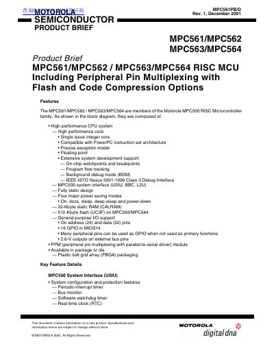 Motorola MPC561/MPC562/MPC563/MPC564 RISC MCU Product Brief - cover page