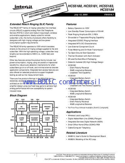 Intersil HC55183 RSLIC18 Ringing Subscriber Line Interface Circuit Datasheet - cover page