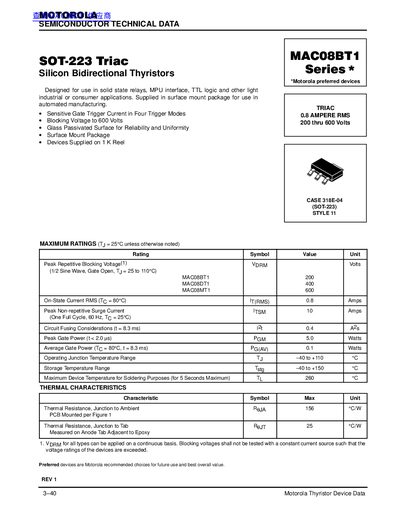 Motorola MAC08BT1 Triac Datasheet