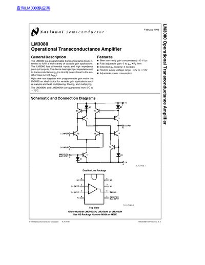 National Semiconductor LM3080 Operational Transconductance Amplifier Datasheet - cover page