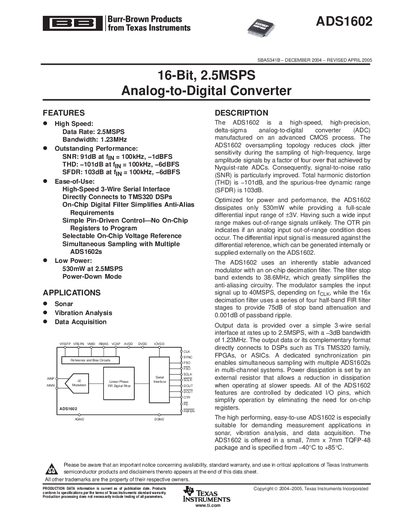 Texas Instruments ADS1602 Datasheet - cover page
