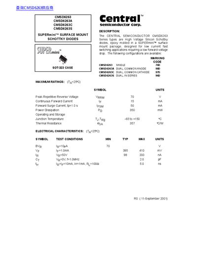 Central CMSD6263 CMSD6263A CMSD6263C CMSD6263S SUPERmini SURFACE MOUNT SCHOTTKY DIODES handbook - cover page