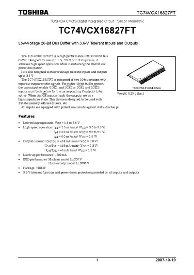 Toshiba TC74VCX16827FT 20‑Bit Bus Buffer Datasheet - cover page