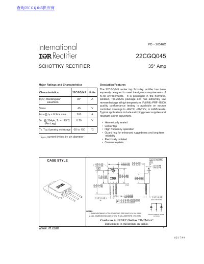 International Rectifier 22CGQ045 Center Tap Schottky Rectifier Datasheet - cover page