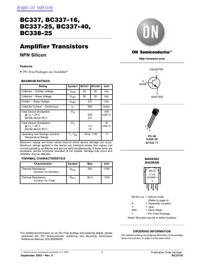ON Semiconductor BC337/BC338 NPN Amplifier Transistors Datasheet