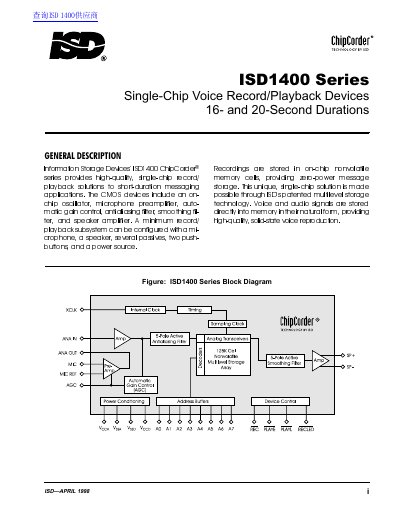 ISD 1400 series Single-Chip Voice Record/Playback Devices 16- 20-Second Durations handbook - cover page