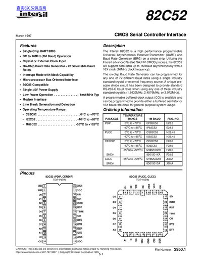 Intersil 82C52 Single Chip UART/BRG Datasheet - cover page
