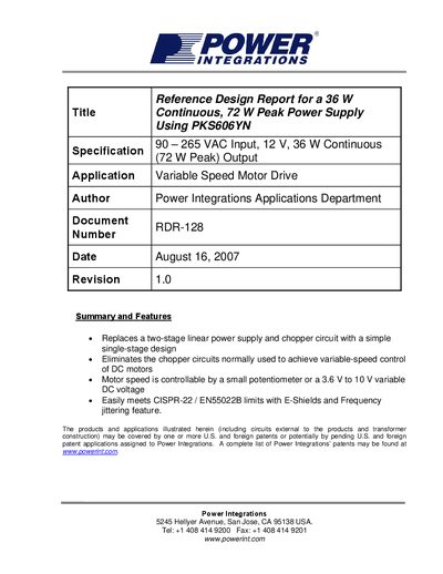Power Integrations RDR-128 Variable Output Power Supply Reference Design Report - cover page