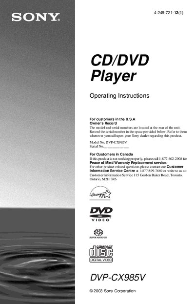 Sony DVP-CX985V CD/DVD Player Operating Instructions - cover page