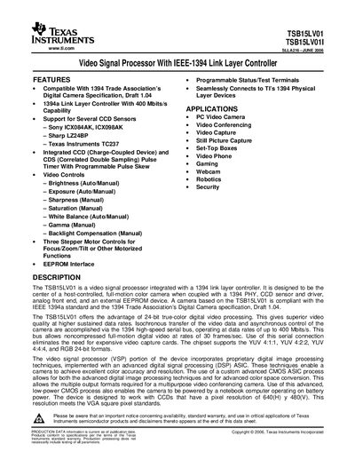 TEXAS INSTRUMENTS TSB15LV01/TSB15LV01I handbook - cover page