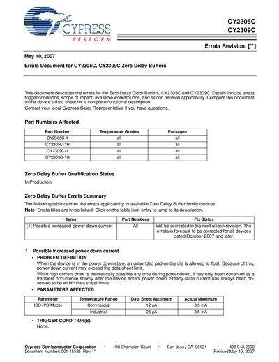 CYPRESS CY2305C CY2309C Data Sheet - cover page