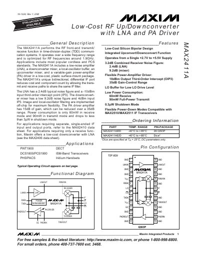 Maxim MAX2411A Low-Cost RF Up/Downconverter Datasheet - cover page