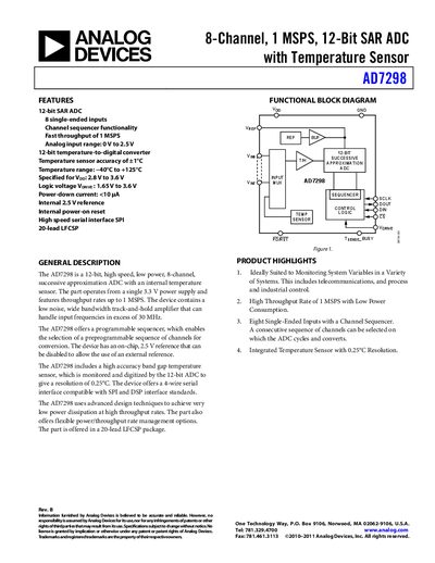 Analog Devices AD7298 8-Channel 12-Bit SAR ADC Datasheet - cover page