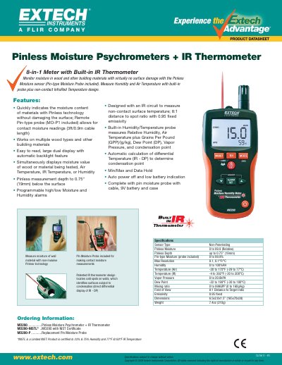 Extech MO290 Pinless Moisture Psychrometer + IR Thermometer User Manual - cover page