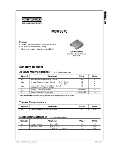 Fairchild MBRS340 Schottky Rectifier Datasheet - cover page