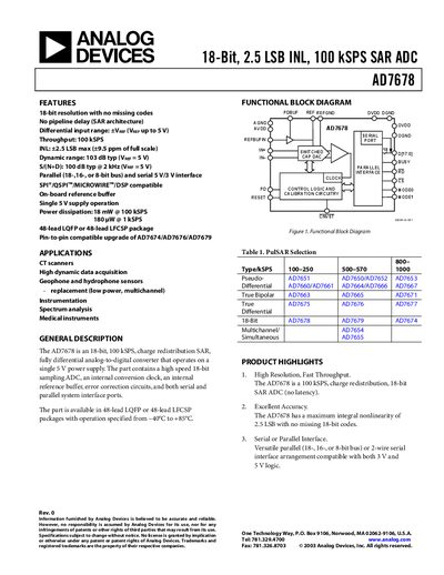 ANALOG DEVICES - 18-Bit 2.5 LSB INL 100 kSPS SAR ADC AD7678 handbook - cover page