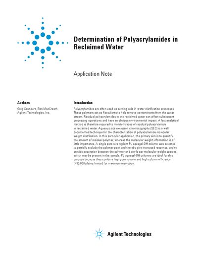 Agilent Determination of Polyacrylamides in Reclaimed Water Application Note - cover page